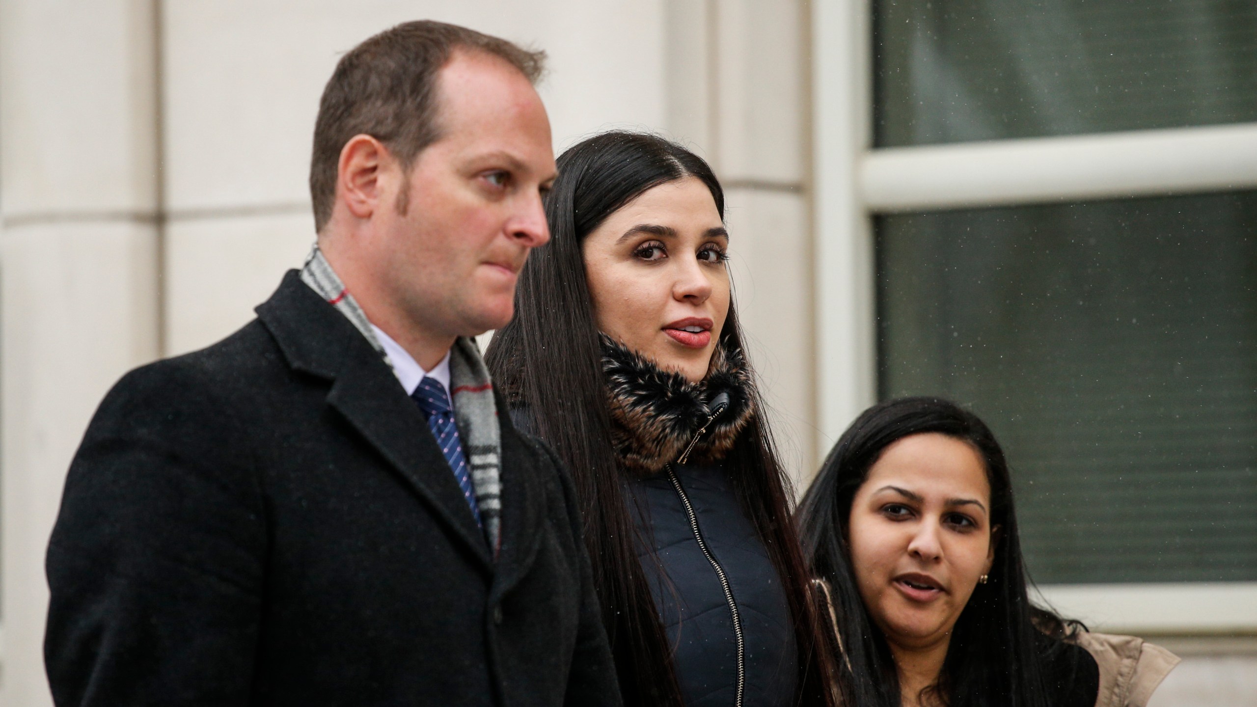 Emma Coronel Aispuro, center, wife of Joaquin "El Chapo" Guzman, leaves from the U.S. Federal Courthouse after a verdict was announced at the trial for Joaquin 'El Chapo' Guzman on Feb. 12, 2019, in Brooklyn, New York. (Kena Betancur / AFP / Getty Images)