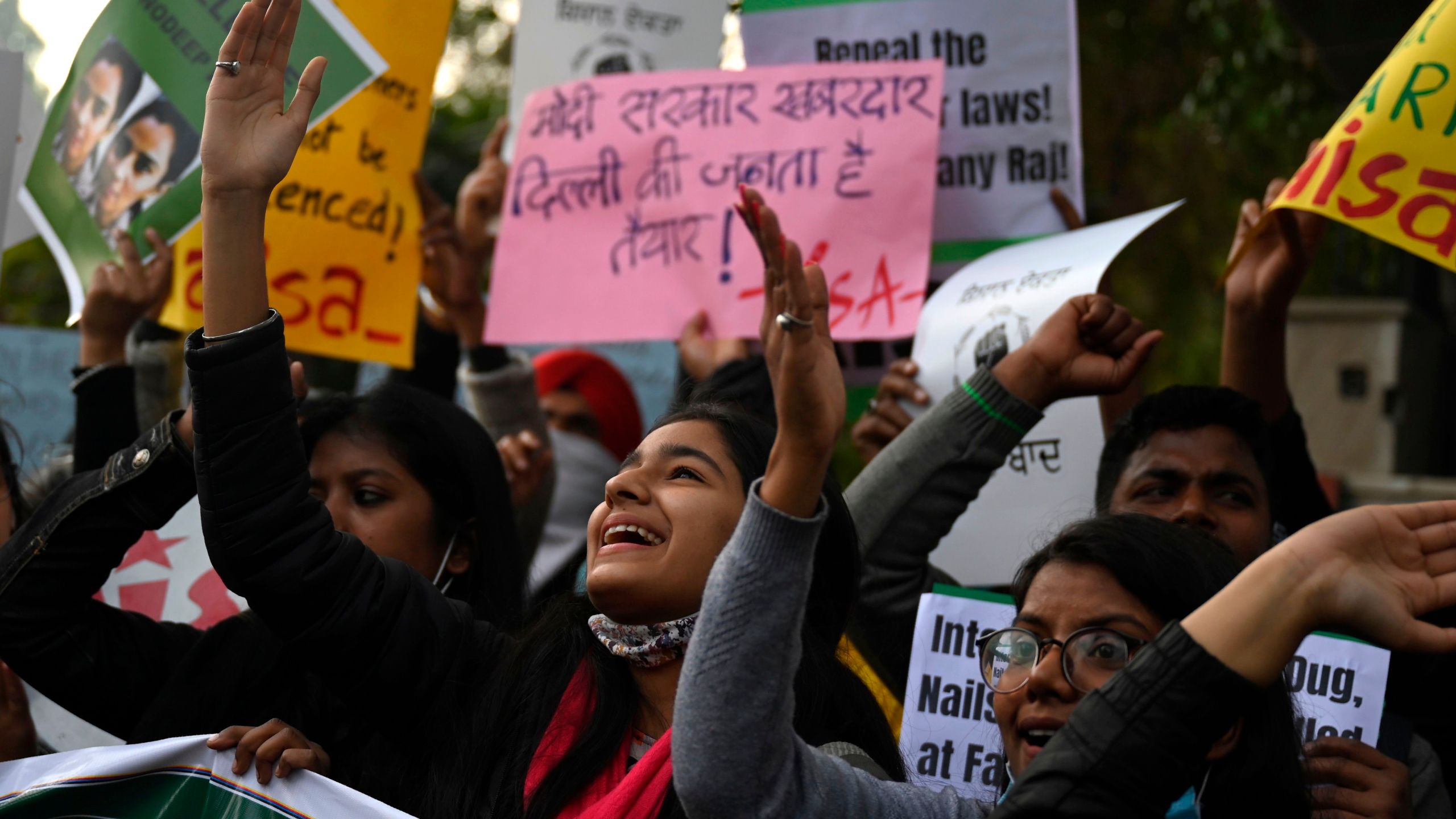 Demonstrators take part in a march organized in support of farmers protesting against the central government's recent agricultural reforms in New Delhi on Feb. 3, 2021. ((MONEY SHARMA/AFP via Getty Images)