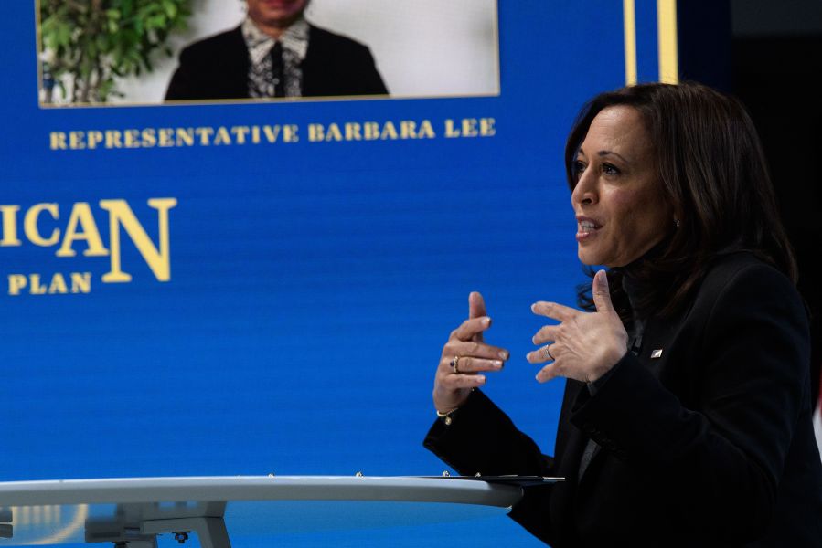 Vice President Kamala Harris speaks during a virtual roundtable with lawmakers and women leaders from advocacy organizations, in Washington, DC, on February 18, 2021. (NICHOLAS KAMM/AFP via Getty Images)