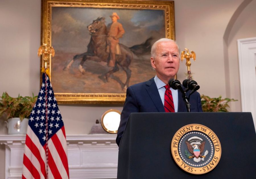 US President Joe Biden speaks about the American Rescue Plan from the Roosevelt Room of the White House in Washington, DC, on Feb. 27, 2021. (ANDREW CABALLERO-REYNOLDS/AFP via Getty Images)