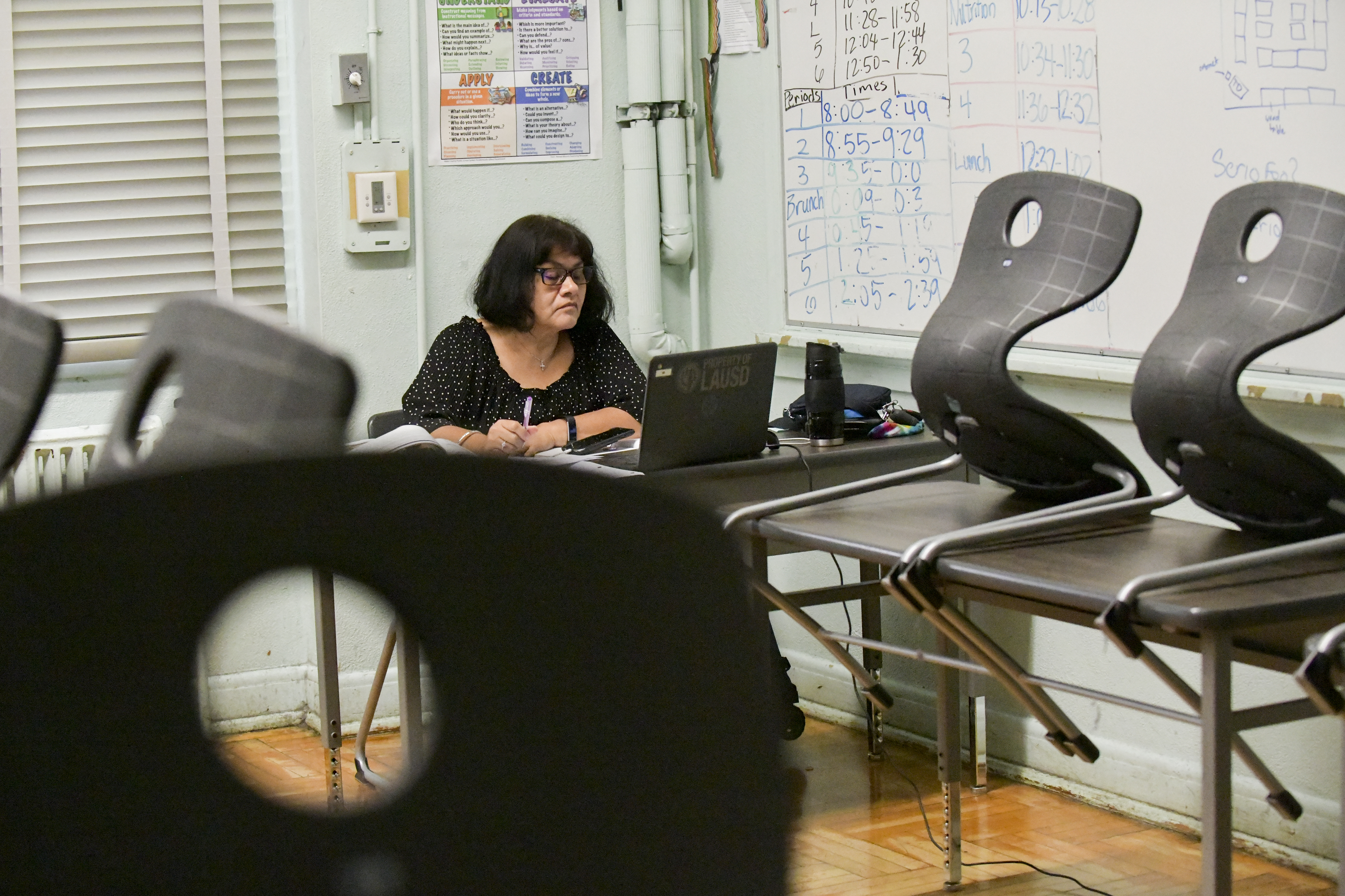 Hollywood High teacher's assistant Yolanda Franco conducts class remotely on Sept. 8, 2020 in Los Angeles. (Rodin Eckenroth/Getty Images)