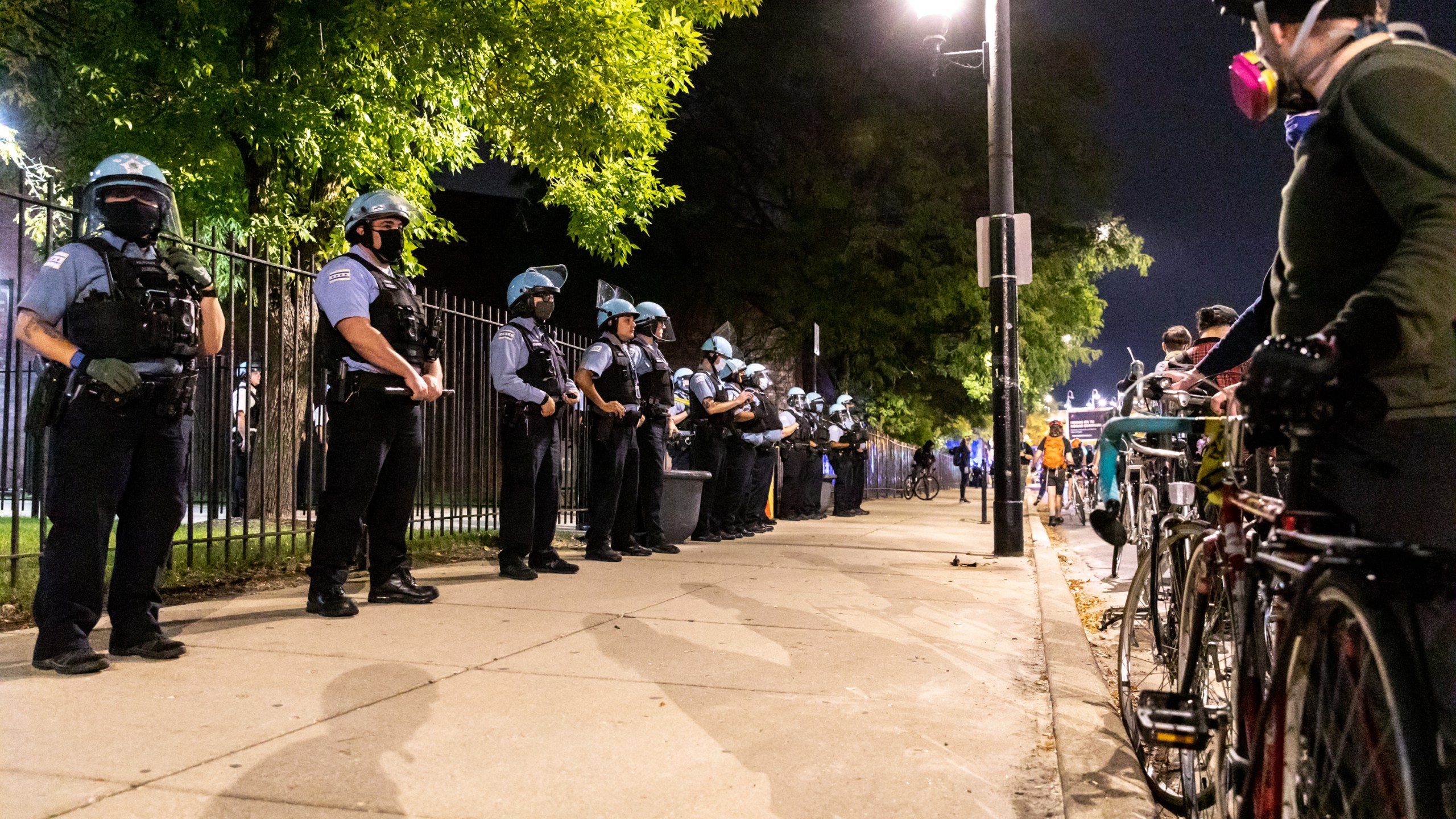 Chicago police lined the sidewalks during a demonstration on Sept. 23, 2020, in Chicago, Illinois. Across the country, protesters took to the streets after the grand jury’s decision to only charge one Louisville Metro Police officer in the raid in which Breonna Taylor was killed. (Natasha Moustache/Getty Images)