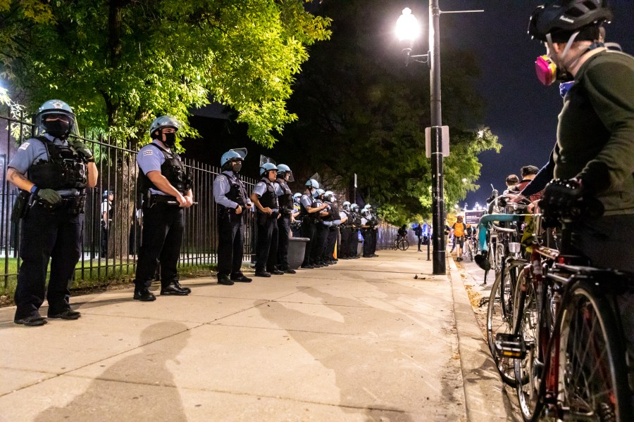 Chicago police lined the sidewalks during a demonstration on Sept. 23, 2020, in Chicago, Illinois. Across the country, protesters took to the streets after the grand jury’s decision to only charge one Louisville Metro Police officer in the raid in which Breonna Taylor was killed. (Natasha Moustache/Getty Images)