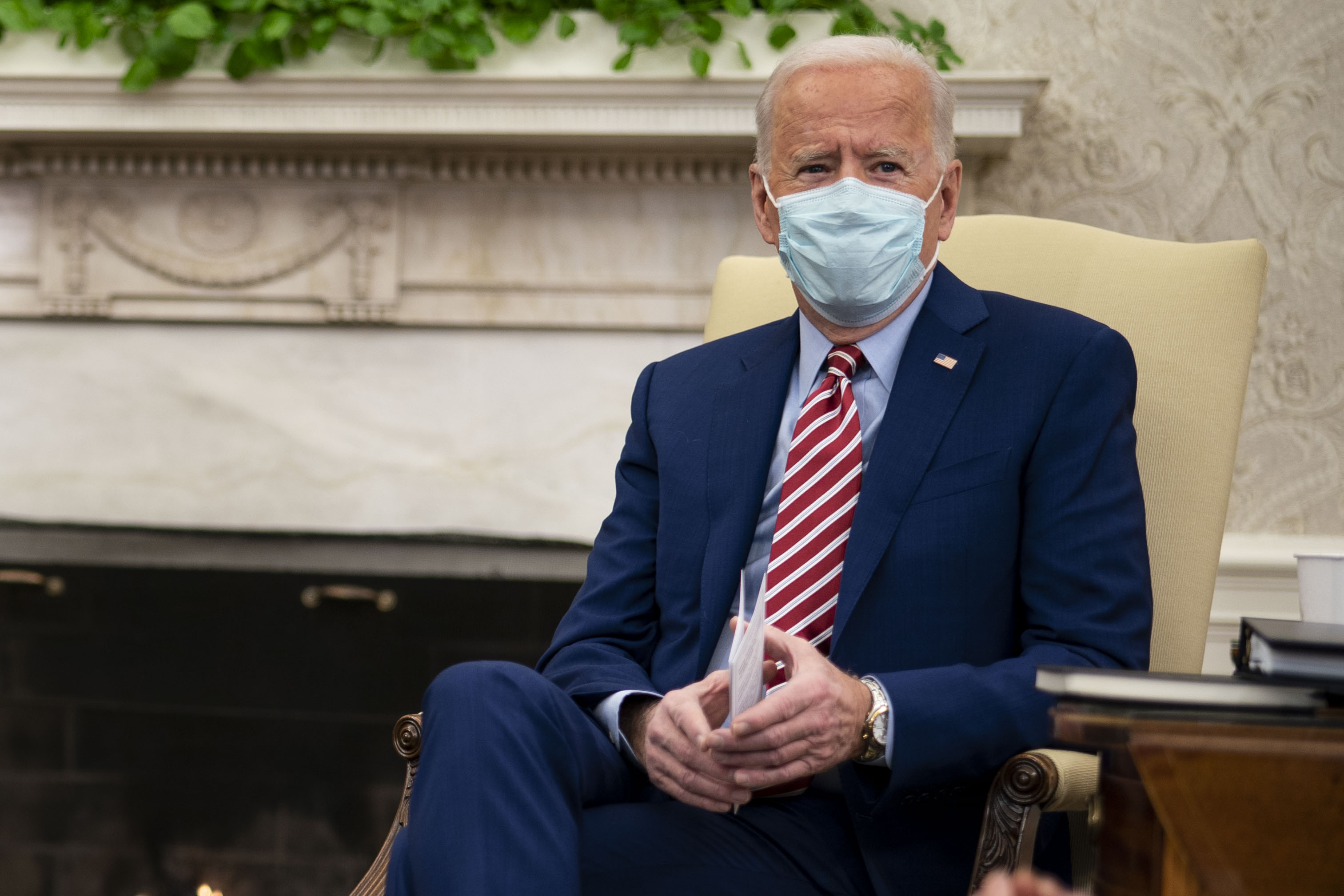 U.S. President Joe Biden speaks as he meets with Senators from both parties on the critical need to invest in modern and sustainable American infrastructure in the Oval Office of the White House on Feb. 11, 2021. (Doug Mills-Pool/Getty Images)