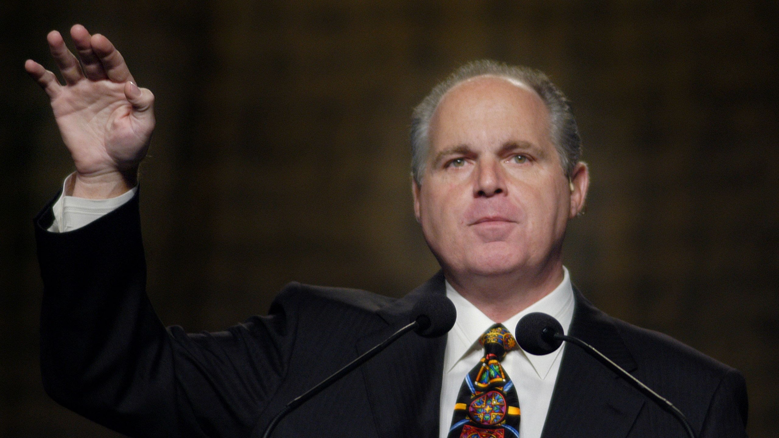 Radio talk show host Rush Limbaugh speaks at the National Association of Broadcasters October 2, 2003 in Philadelphia, Pennsylvania. (William Thomas Cain/Getty Images)