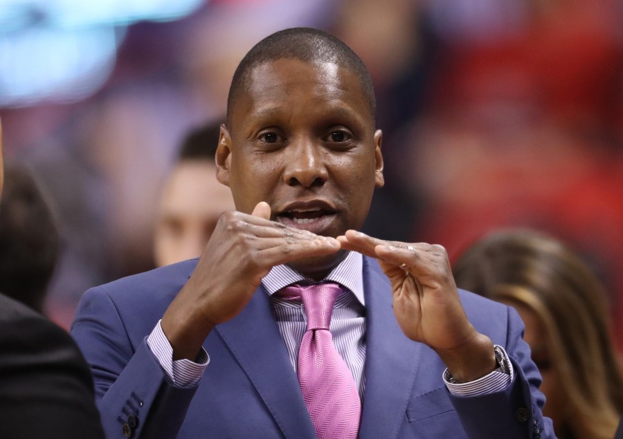 Masai Ujiri of the Toronto Raptors is seen before the start of a game against the Cleveland Cavaliers in Game Three of the Eastern Conference Finals during the 2016 NBA Playoffs at the Air Canada Centre on May 21, 2016 in Toronto, Ontario, Canada. (Tom Szczerbowski/Getty Images)