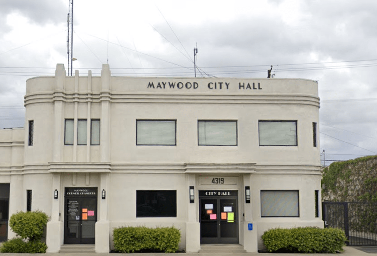 Maywood City Hall is seen in a Street View image from Google Maps.