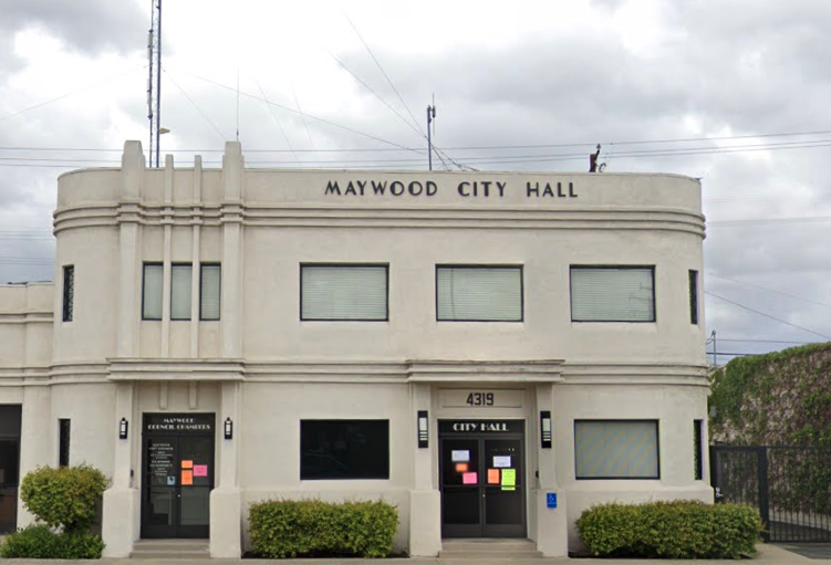 Maywood City Hall is seen in a Street View image from Google Maps.