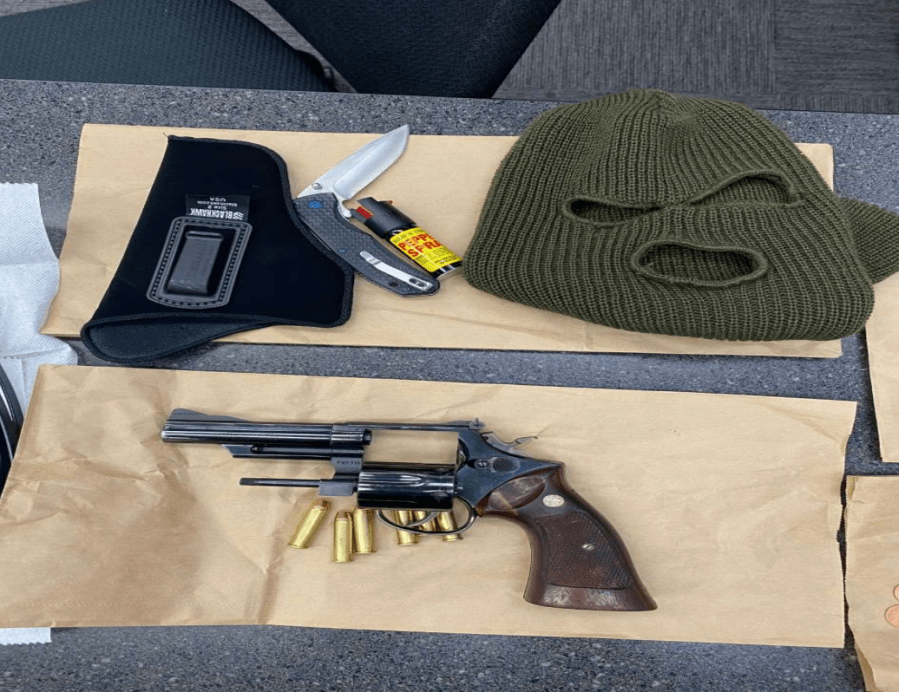 Placentia Police released this image on Feb. 10, 2021, showing items found in Randolph Aguirre's possession at the time of his arrest.