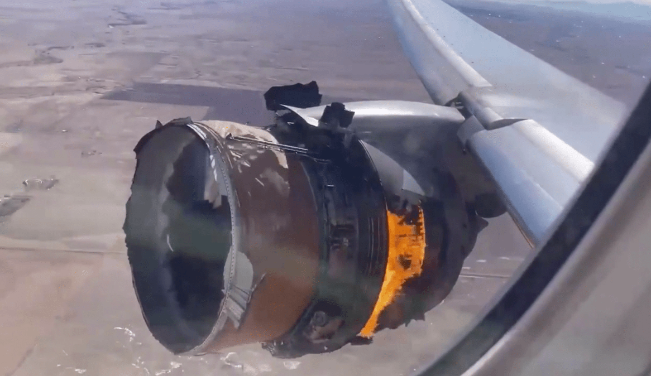 A passenger shared this image of the engine failure on United Airlines Flight 328 above Denver Feb. 20, 2021. (Nexstar Media Wire)