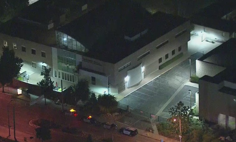 Police vehicles are parked at the Azusa Pacific University campus on Feb. 17, 2020, as authorities investigate a bomb threat and evacuate the campus. (KTLA)