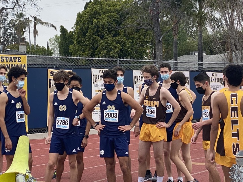 Cross-country runners from Sherman Oaks Notre Dame and Crespi faced off in a dual meet this month as some outdoor sports began their seasons.(Eric Sondheimer / Los Angeles Times)