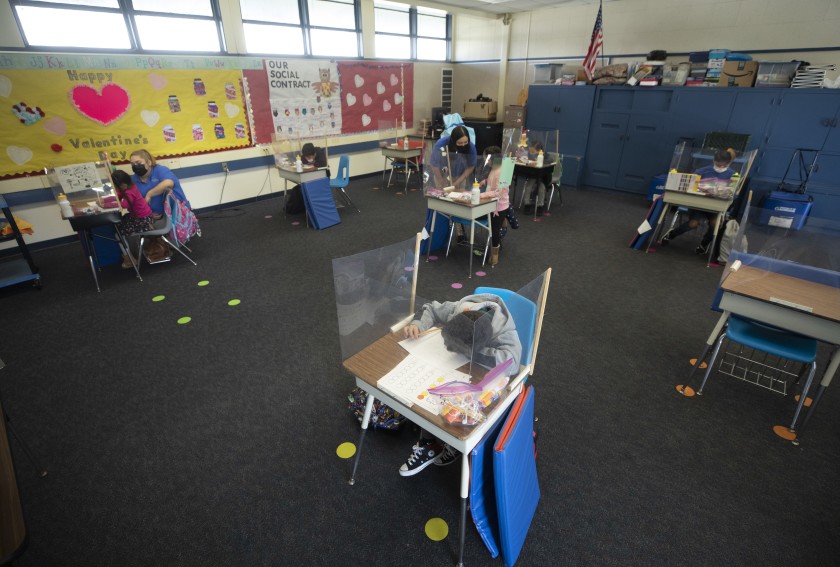 An undated photo shows an after-school enrichment program at Rio Vista Elementary School in El Monte, where students have been unable to take their regular classes on campus. That could soon change if coronavirus infection rates continue to drop. (Myung J. Chun / Los Angeles Times