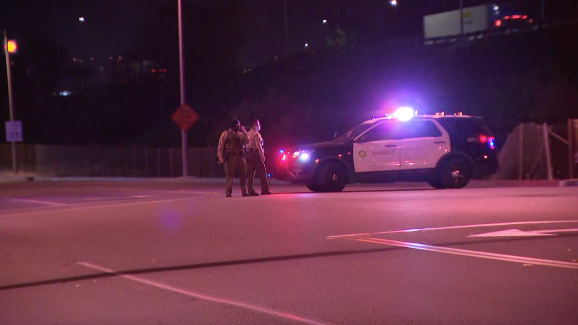 Authorities respond to investigate after a deputy shot at a reckless driving suspect who allegedly tried to flee the scene of a crash in Industry on Feb. 16, 2021. (KTLA)