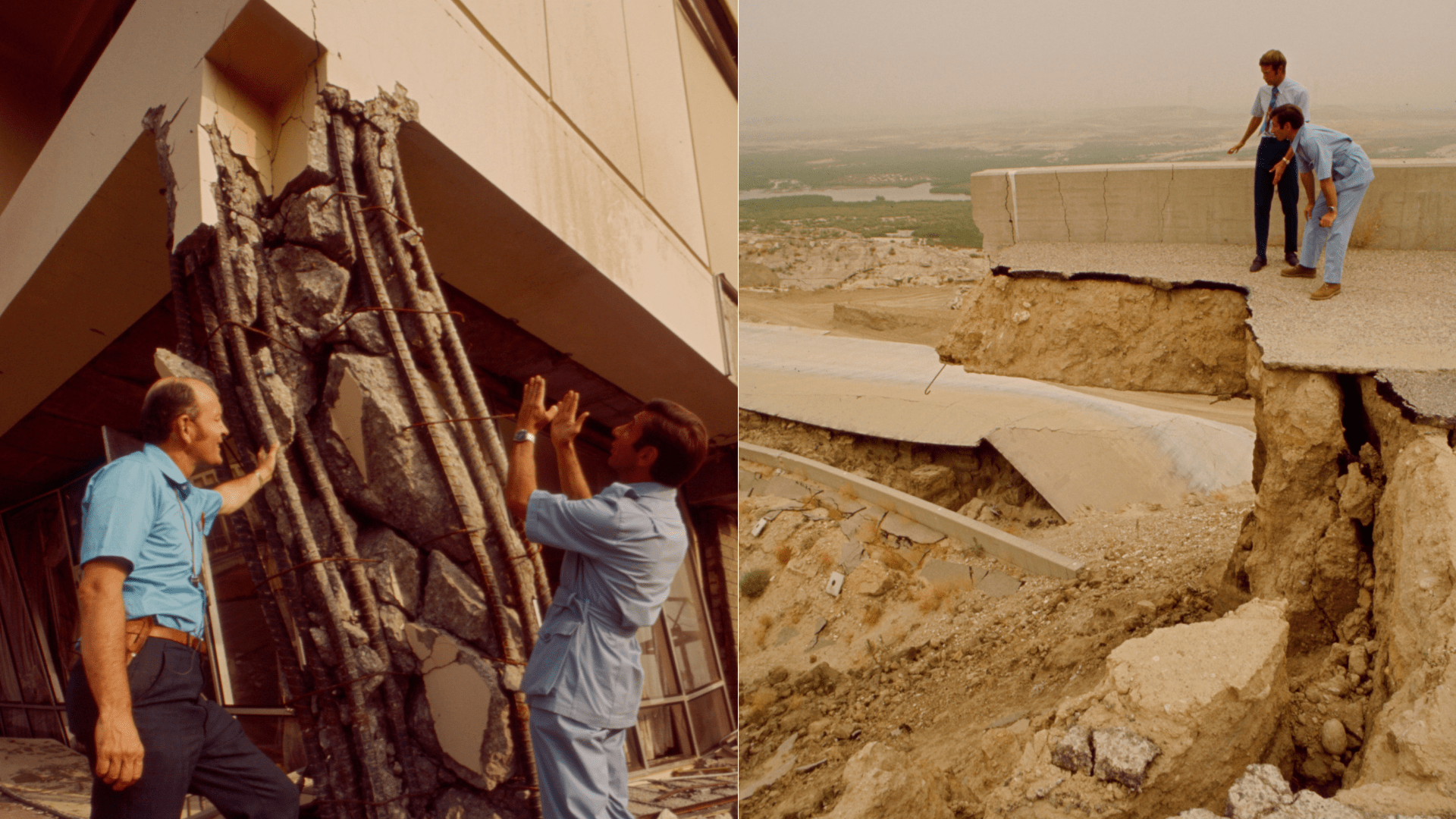 This combination image shows experts assessing the aftermath of the 1971 San Fernando-Sylmar quake. (Walt Disney Television via Getty Images)