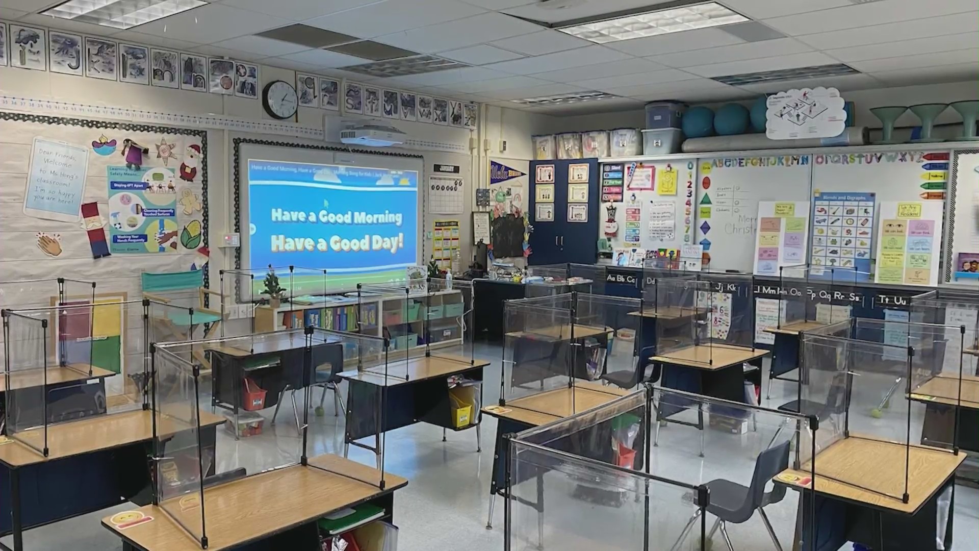 Plexiglass was installed on desks inside a classroom at the Center Street School in El Segundo, where hybrid in-person classes resumed on Feb. 2, 2021. (KTLA)