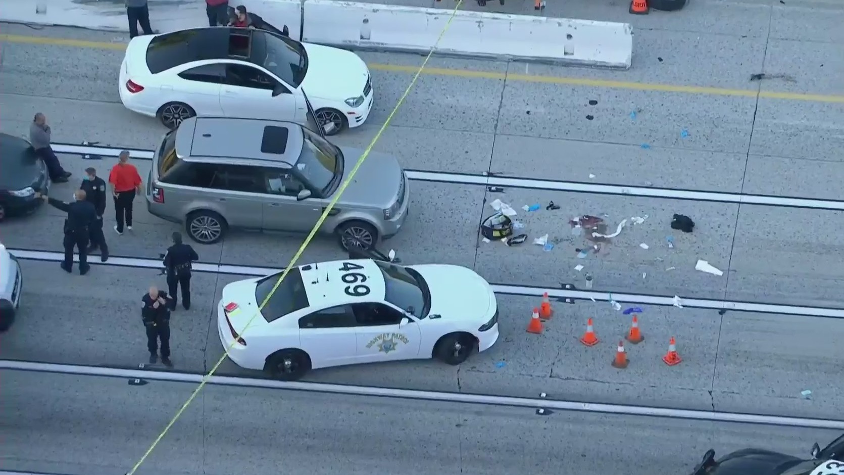 Authorities shut down the 10 Freeway in Upland to investigate a shooting on Feb. 5, 2021. (KTLA)