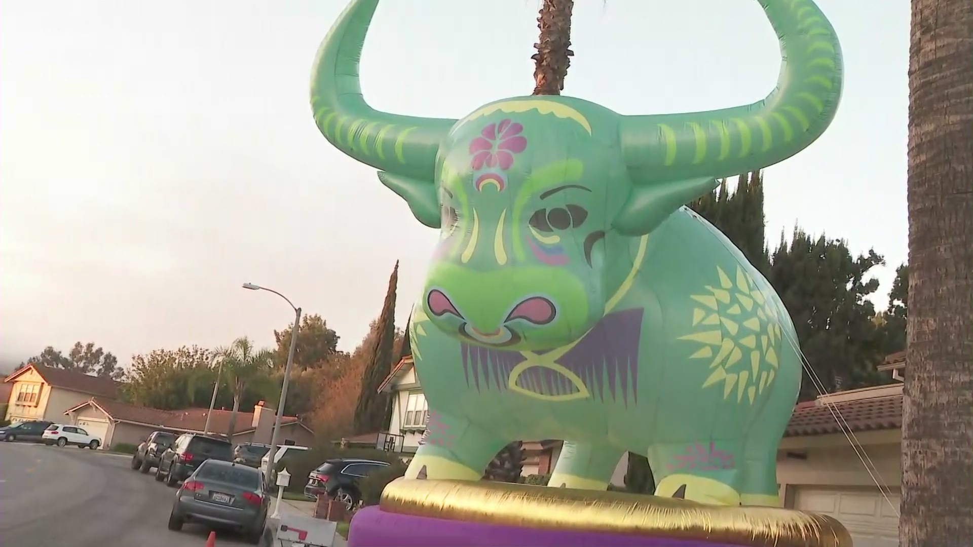 A Rowland Heights resident went all out with a giant installation to welcome the Year of the Ox on Feb. 20, 2021. (KTLA)