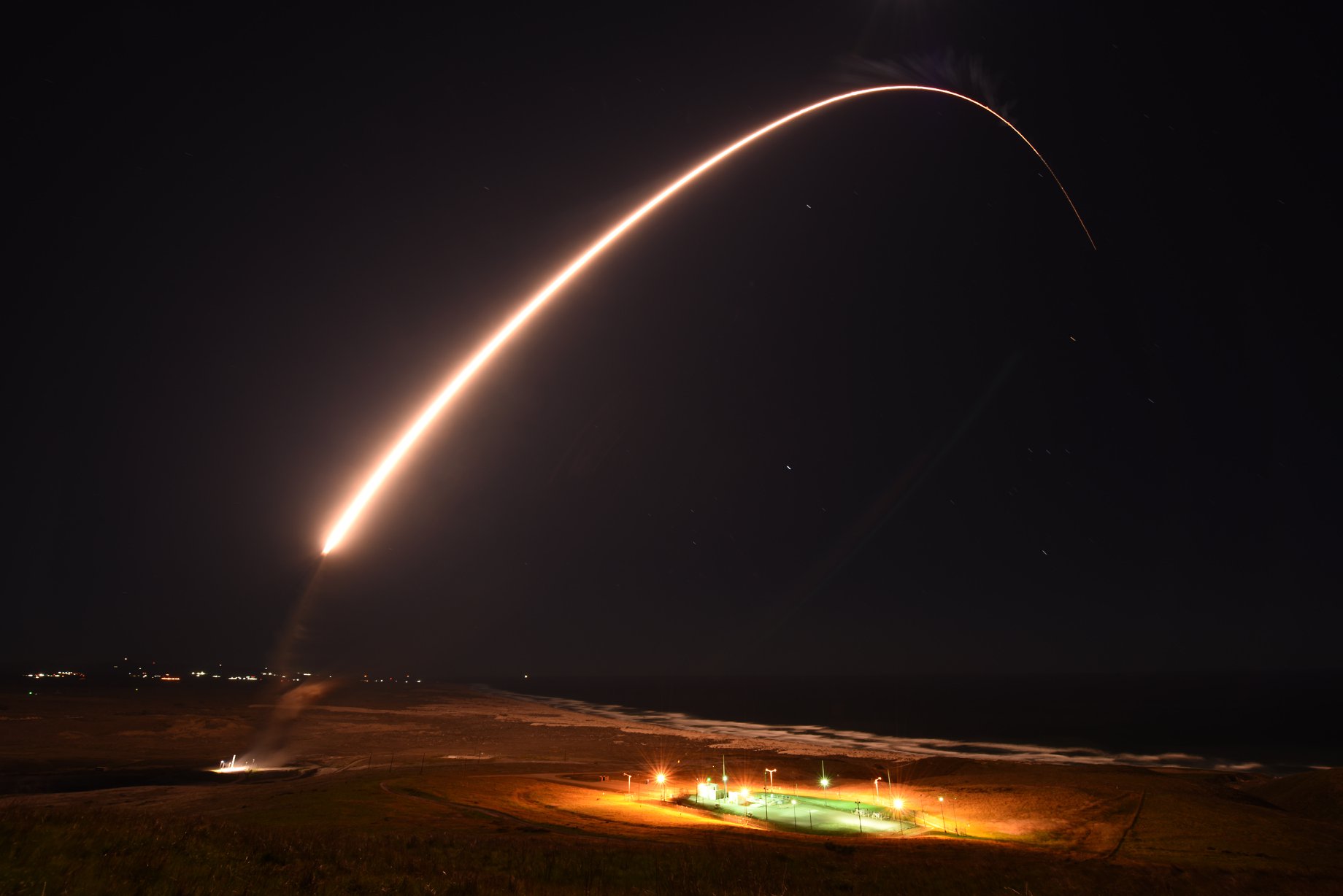 An Air Force Global Strike Command unarmed Minuteman III intercontinental ballistic missile launches during an operation test at at Vandenberg Air Force Base on Feb. 23, 2021. (Vandenberg Air Force Base)