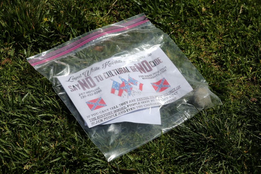 A white supremacist flier was found on the lawn of an unoccupied home on San Bernardino Avenue in Newport Beach on March 30, 2021. (Don Leach / Daily Pilot via L.A. Times)