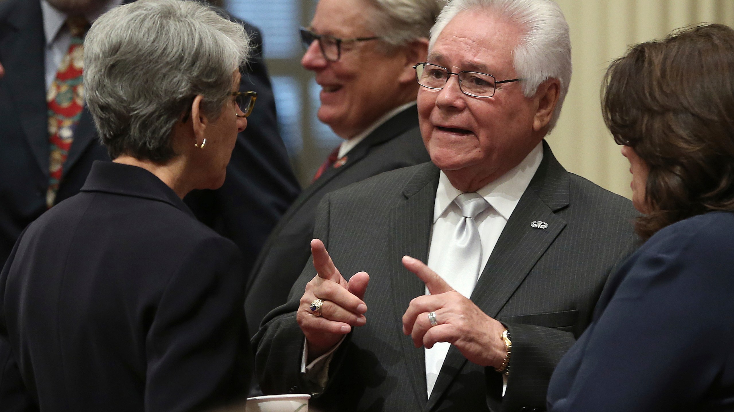 Freshman state Sen. Bob Archuleta, D-Pico Rivera, talks with Sen. Hannah-Beth Jackson, D-Santa Barbara, left, during the state Senate session on Dec. 3, 2018 in Sacramento. (Rich Pedroncelli/Associated Press)