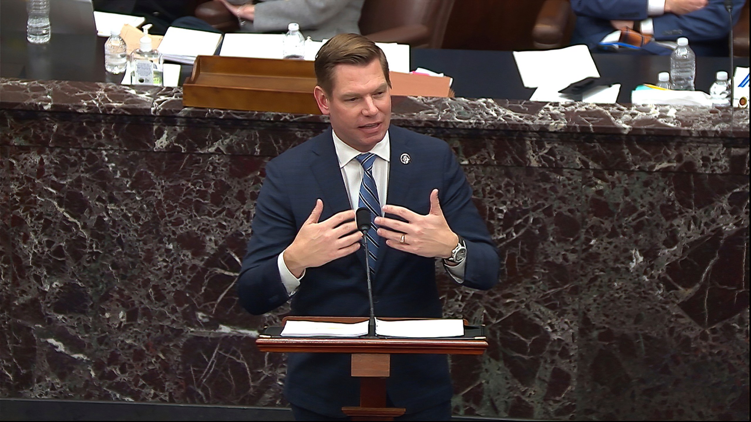 In this image from video, House impeachment manager Rep. Eric Swalwell, D-Calif., speaks during the second impeachment trial of former President Donald Trump in the Senate at the U.S. Capitol in Washington on Feb. 10, 2021. (Senate Television via Associated Press)