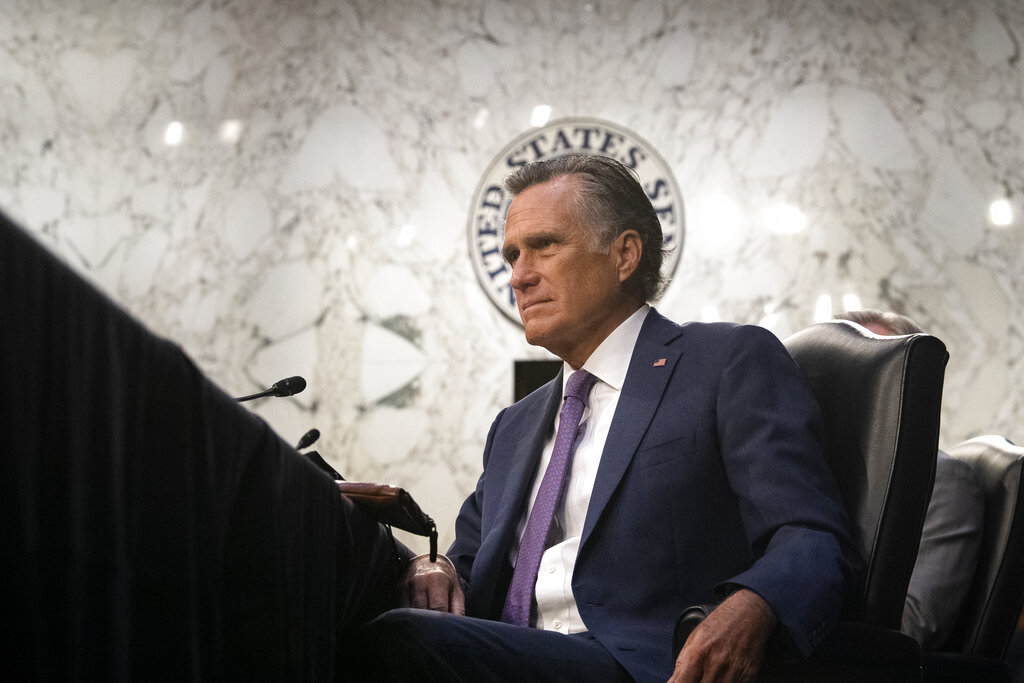 Sen. Mitt Romney, R-Utah, listens during a Senate Health, Education, Labor, and Pensions committee hearing on Capitol Hill in Washington on Thursday, Feb. 25, 2021. (Caroline Brehman/Pool via AP)