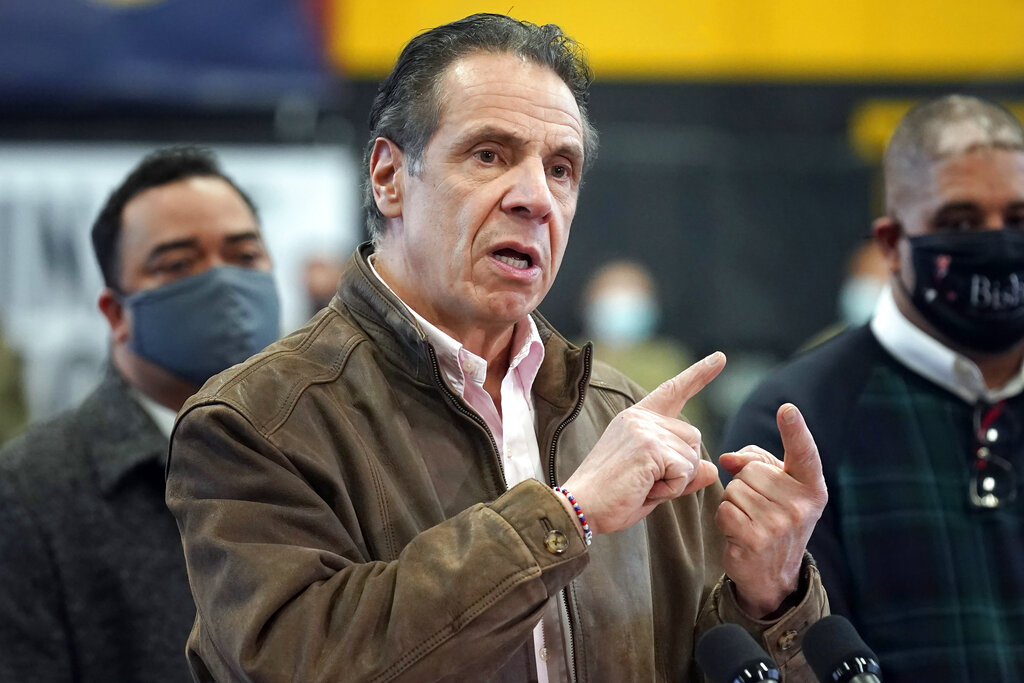 In this Feb. 22, 2021 file photo, New York Gov. Andrew Cuomo speaks during a news conference at a COVID-19 vaccination site in the Brooklyn borough of New York. (AP Photo/Seth Wenig, Pool, File)