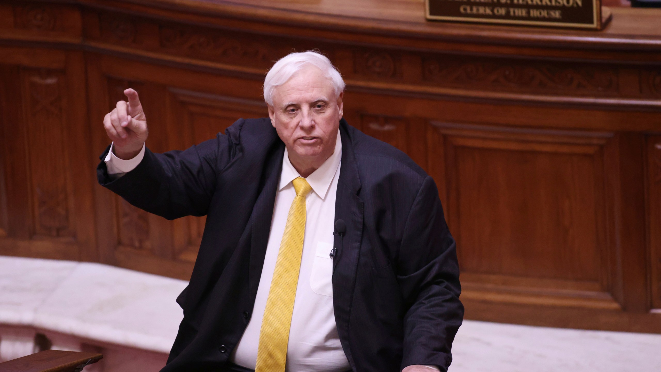 West Virginia Gov. Jim Justice speaks during the State of the State Address in the House Chambers of the West Virginia State Capitol Building in Charleston, W.Va., on Feb. 10, 2021. (Chris Jackson/Associated Press)