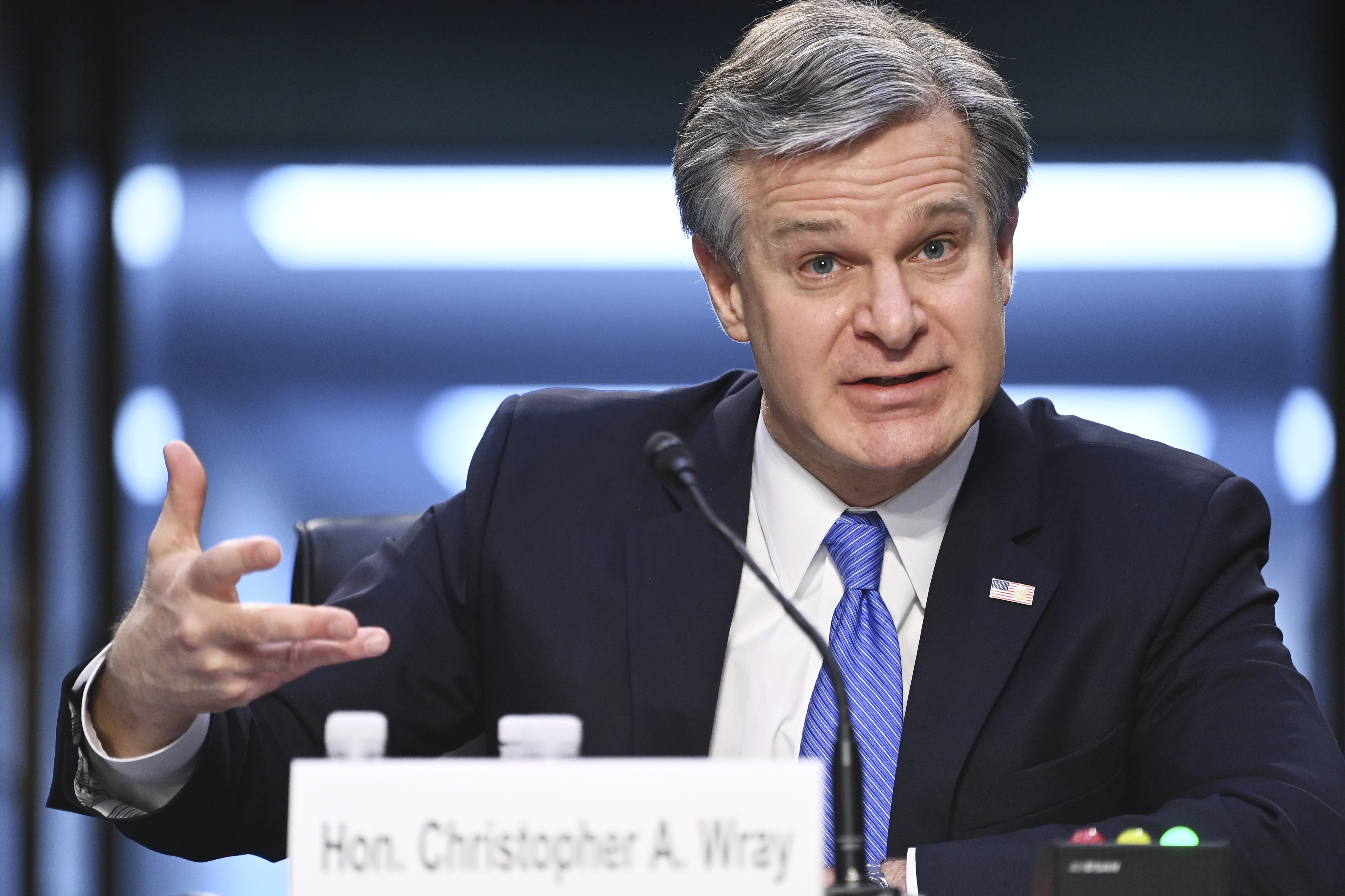 FBI Director Christopher Wray testifies before the Senate Judiciary Committee on Capitol Hill in Washington, Tuesday, March 2, 2021. (Mandel Ngan/Pool via AP)