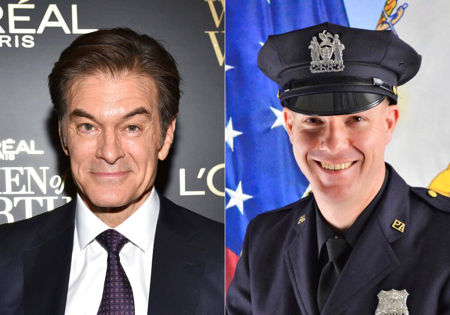 This combination photo shows TV personality Dr. Mehmet Oz at the 14th annual L'Oreal Paris Women of Worth Gala in New York on Dec. 4, 2019, left, and Port Authority Officer Jeffrey Croissant. (AP Photo, left, and Port Authority of New York & New Jersey via AP)