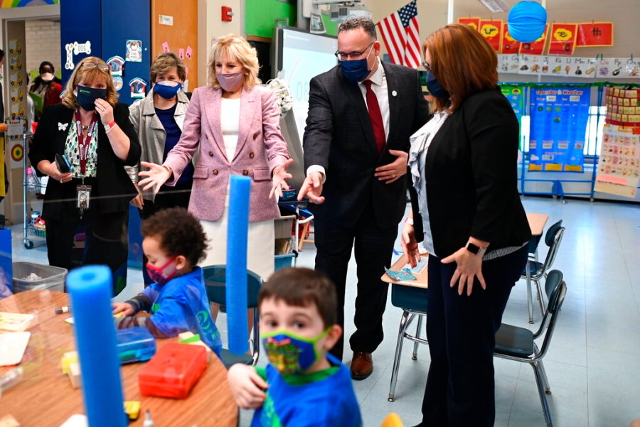 First lady Jill Biden and Education Secretary Miguel Cardona tour Benjamin Franklin Elementary School, Wednesday, March 3, 2021 in Meriden, Ct. (Mandel Ngan/Pool via AP)