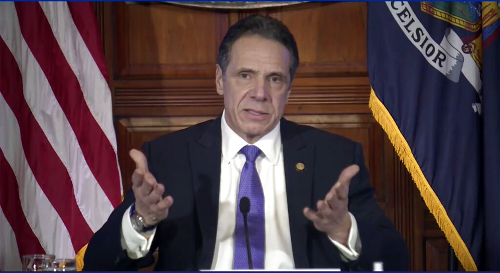 In this image taken from video from the Office of the NY Governor, New York Gov. Andrew Cuomo speaks during a news conference, Wednesday, March 3, 2021, in Albany, N.Y. (Office of the NY Governor via AP)