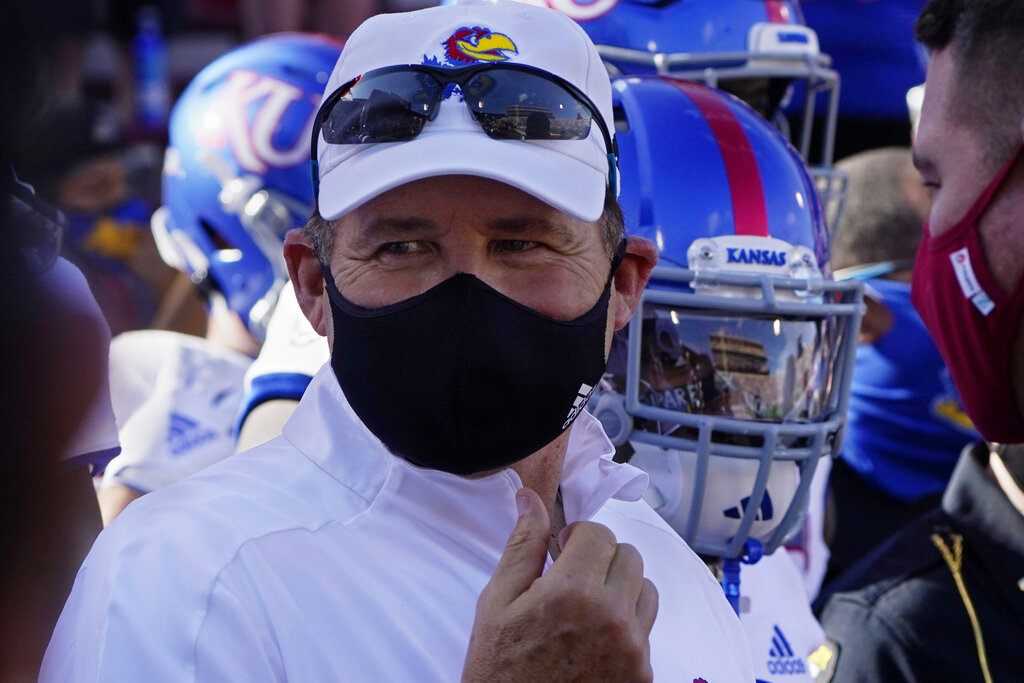 Kansas head coach Les Miles is shown before an NCAA college football game against Oklahoma in Norman, Okla., in this Saturday, Nov. 7, 2020, file photo. (AP Photo/Sue Ogrocki)