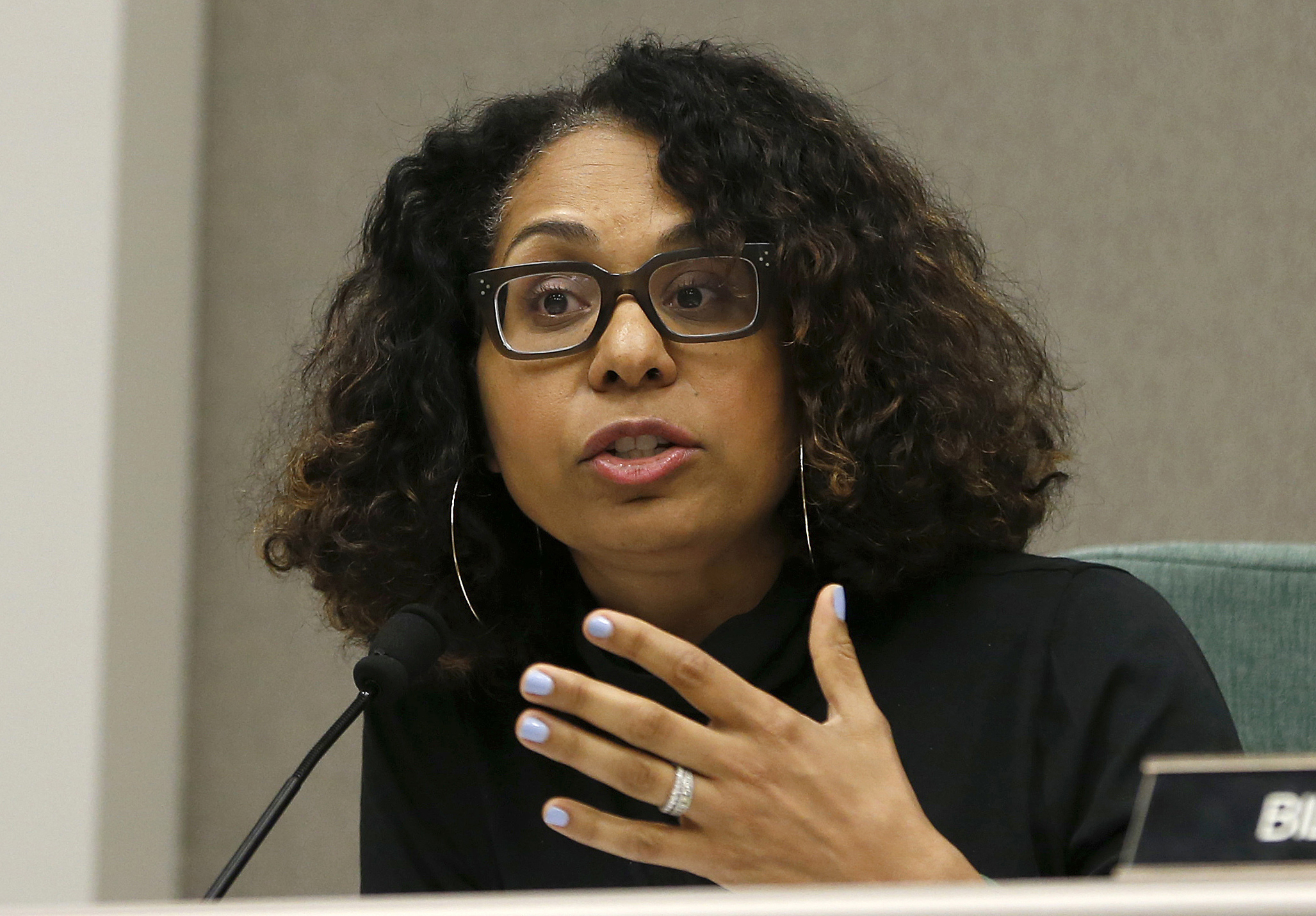 In this April 9, 2019, file photo, Assemblywoman Sydney Kamlager D-Los Angeles, a member of the Assembly Public Safety Committee, gestures during a hearing in Sacramento, Calif. (AP Photo/Rich Pedroncelli, File)