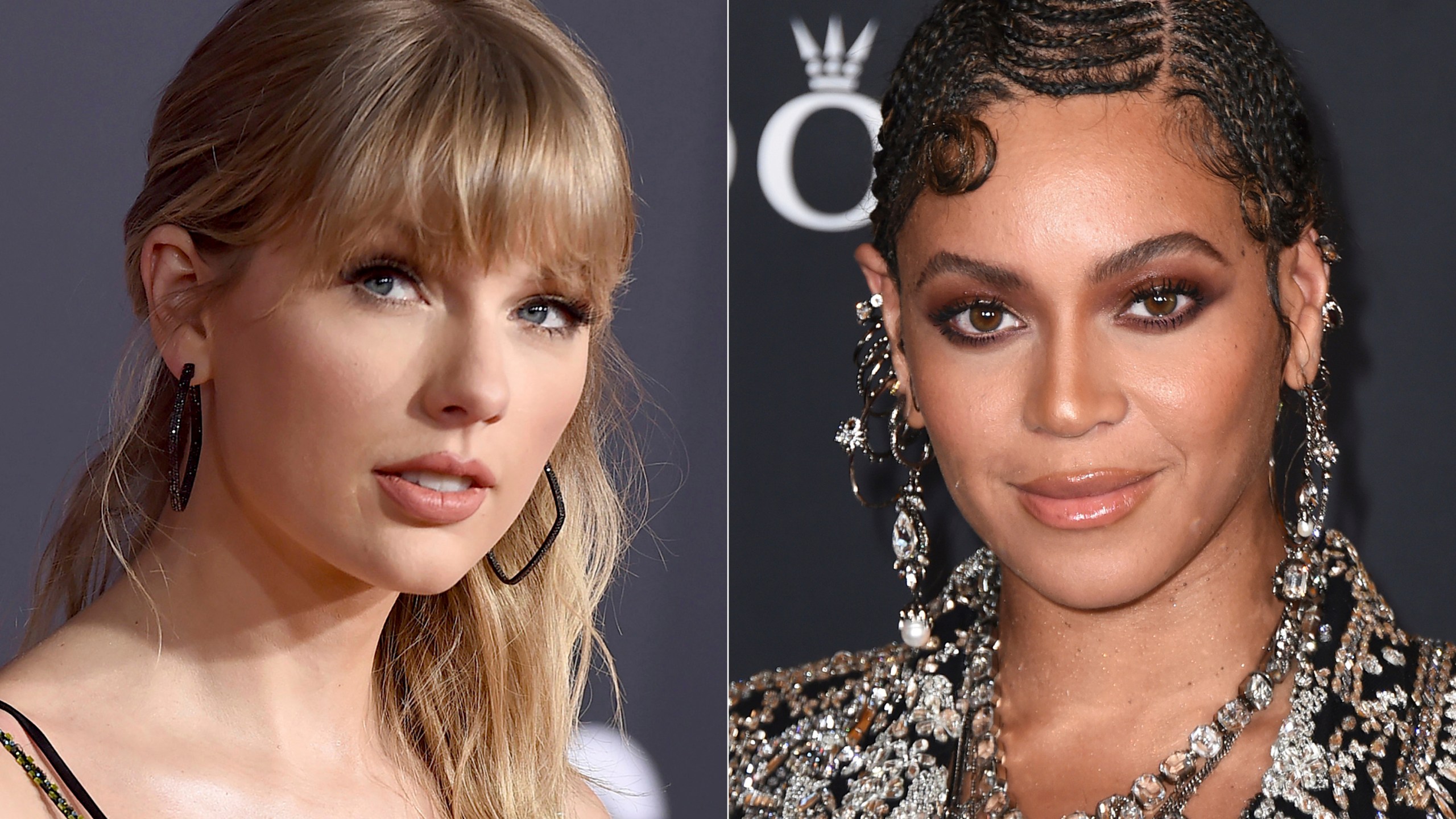 Taylor Swift appears at the American Music Awards in Los Angeles on Nov. 24, 2019, left, and Beyonce appears at the world premiere of "The Lion King" in Los Angeles on July 9, 2019. (AP Photo)