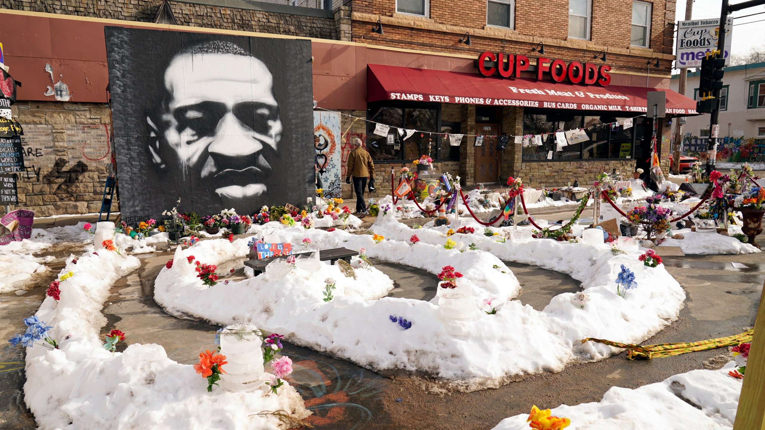 In this Feb. 8, 2021 file photo, A mural of George Floyd is seen in George Floyd Square in Minneapolis. (AP Photo/Jim Mone File)