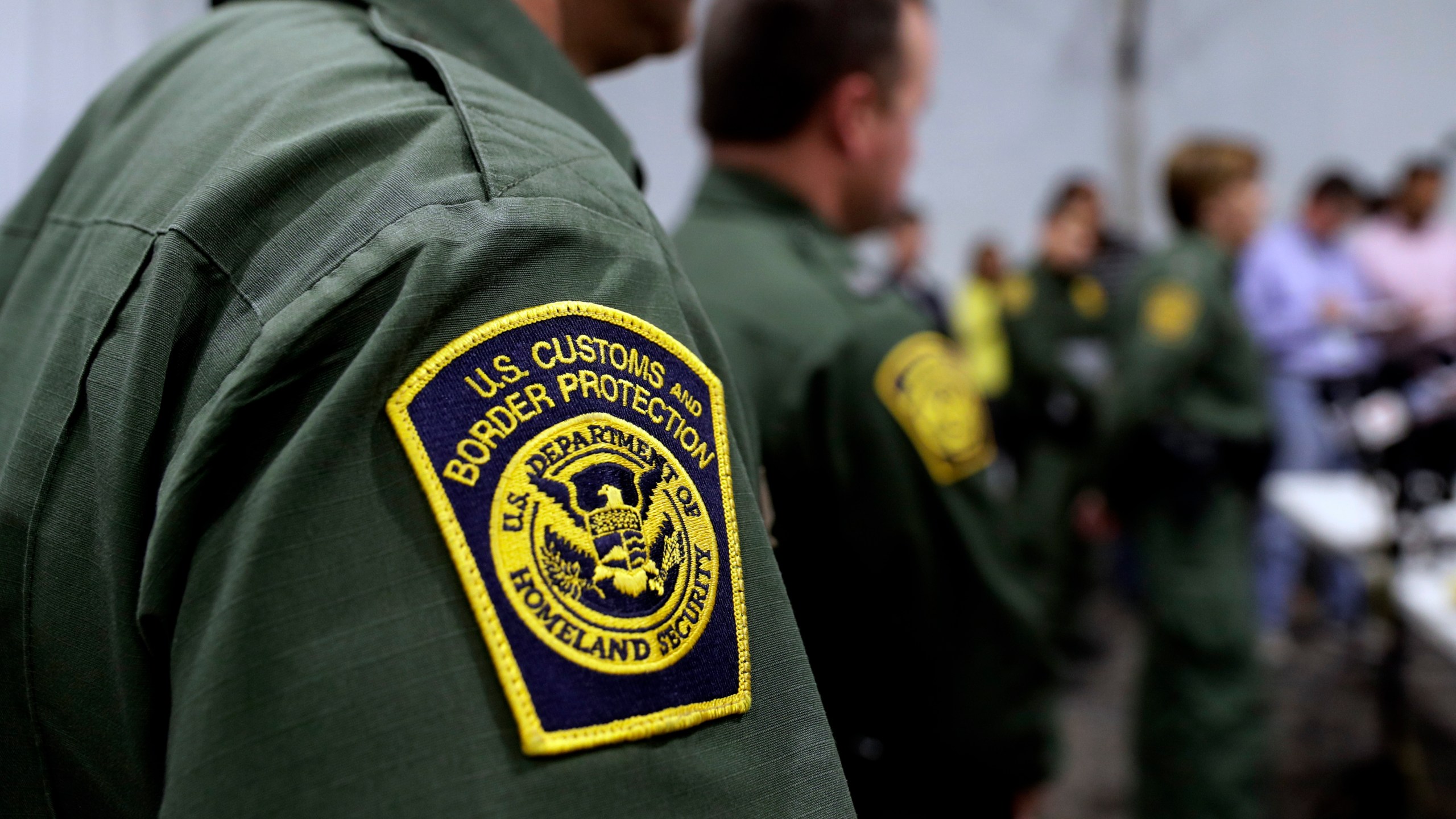 Border Patrol agents hold a news conference prior to a media tour of a new U.S. Customs and Border Protection temporary facility near the Donna International Bridge in Donna, Texas, on May 2, 2019. (Eric Gay / Associated Press)