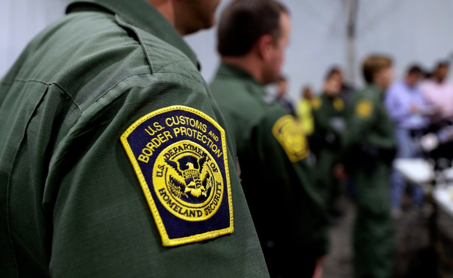 Border Patrol agents hold a news conference prior to a media tour of a new U.S. Customs and Border Protection temporary facility near the Donna International Bridge in Donna, Texas, on May 2, 2019. (Eric Gay / Associated Press)