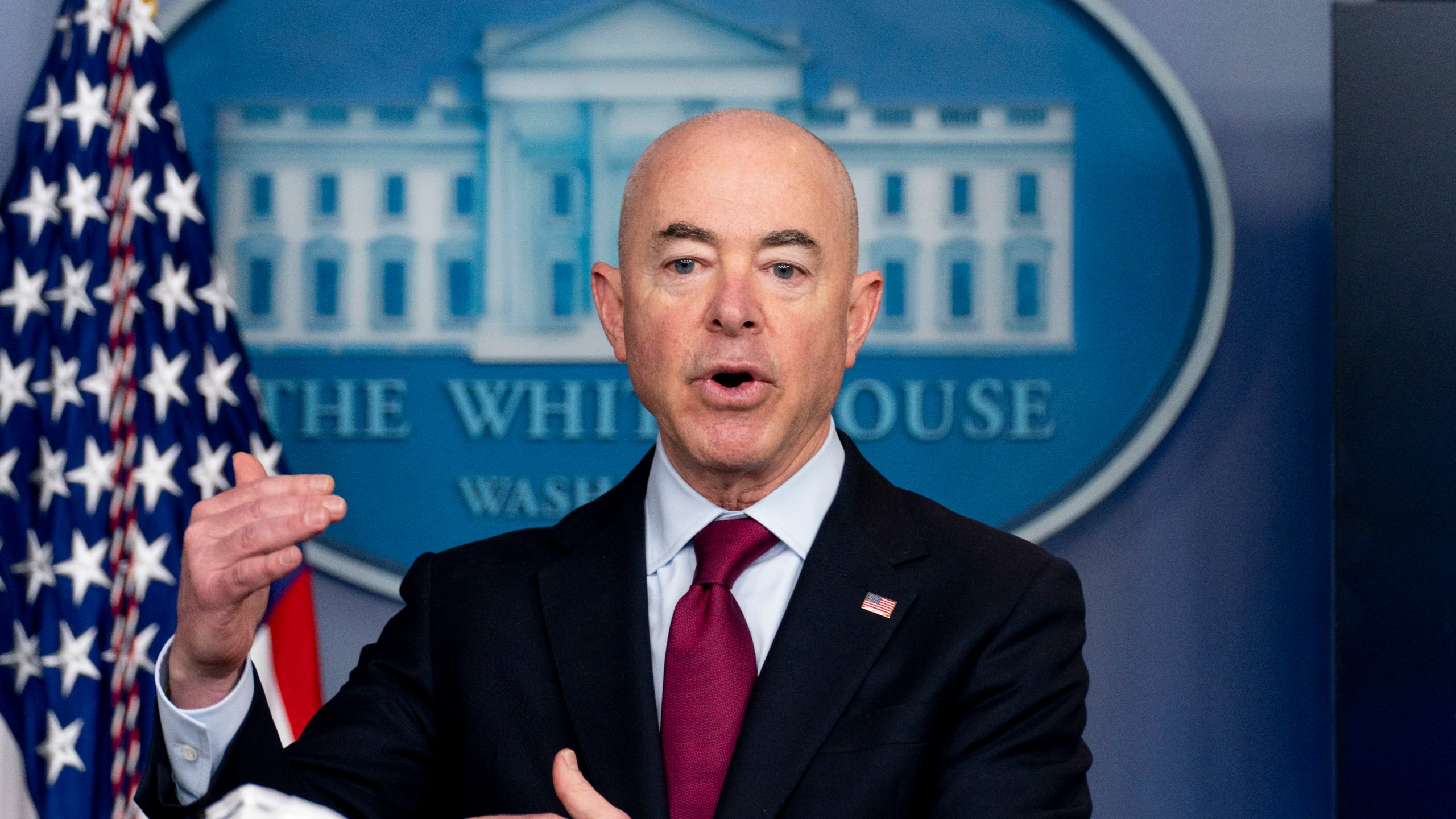 In this Monday, March 1, 2021 file photo, Homeland Security Secretary Alejandro Mayorkas speaks during a press briefing at the White House in Washington. The Biden administration is turning to the Federal Emergency Management Agency for help managing and caring for record numbers of unaccompanied immigrant children who are streaming into the U.S. from Mexico. Homeland Security Secretary Alejandro Mayorkas says FEMA will support a government-wide effort over the next three months, Saturday, March 13, 2021. (AP Photo/Andrew Harnik, File)