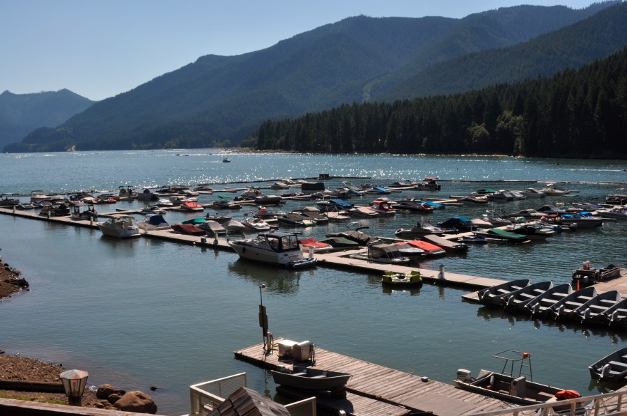 An Aug. 14, 2010 file photo shows Kane's Marina on Detroit Lake Reservoir in Detroit, Or. The U.S. Army Corps of Engineers has determined that a large earthquake, which is expected to occur again in the Pacific Northwest sooner or later, could cause the spillway gates of the dam in Oregon to buckle, resulting "in a potentially catastrophic flood." (Terry Richard/The Oregonian via AP,File)