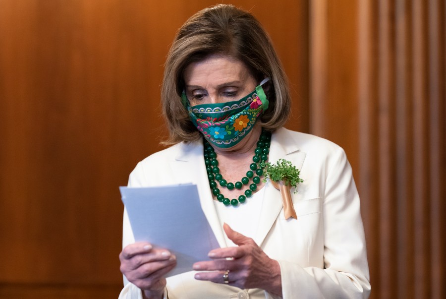 Speaker of the House Nancy Pelosi, D-Calif., looks over her notes at a news conference on reauthorizing the Violence Against Women Reauthorization Act, at the Capitol in Washington, Wednesday, March 17, 2021. (AP Photo/J. Scott Applewhite)