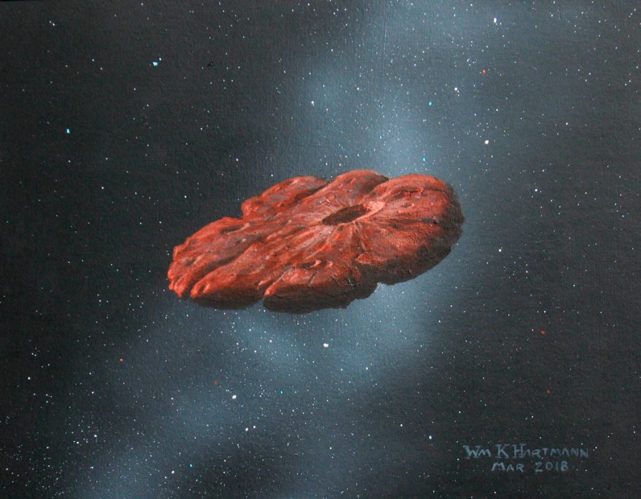 This 2018 illustration provided by William Hartmann and Michael Belton shows a depiction of the Oumuamua interstellar object as a pancake-shaped disk. A study published in March 2021 says the mystery object is likely a remnant of a Pluto-like world and shaped like a cookie. (William Hartmann and Michael Belton via AP)