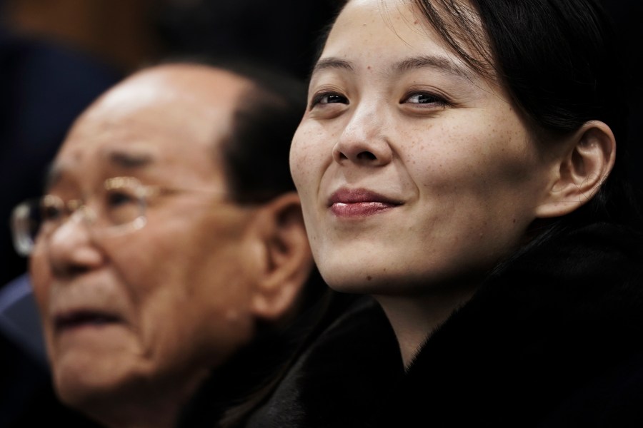 In this Feb. 10, 2018, file photo, Kim Yo Jong, the sister of North Korean leader Kim Jong Un, waits with North Korea's nominal head of state, Kim Yong Nam, for the start of a women's hockey game at the 2018 Winter Olympics in Gangneung, South Korea. (Felipe Dana/Associated Press)