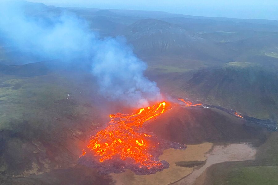 This image provided by the Icelandic Coast Guard shows a volcano on the Reykjanes Peninsula in southwestern Iceland on March 20, 2021. (Icelandic Coast Guard via AP)