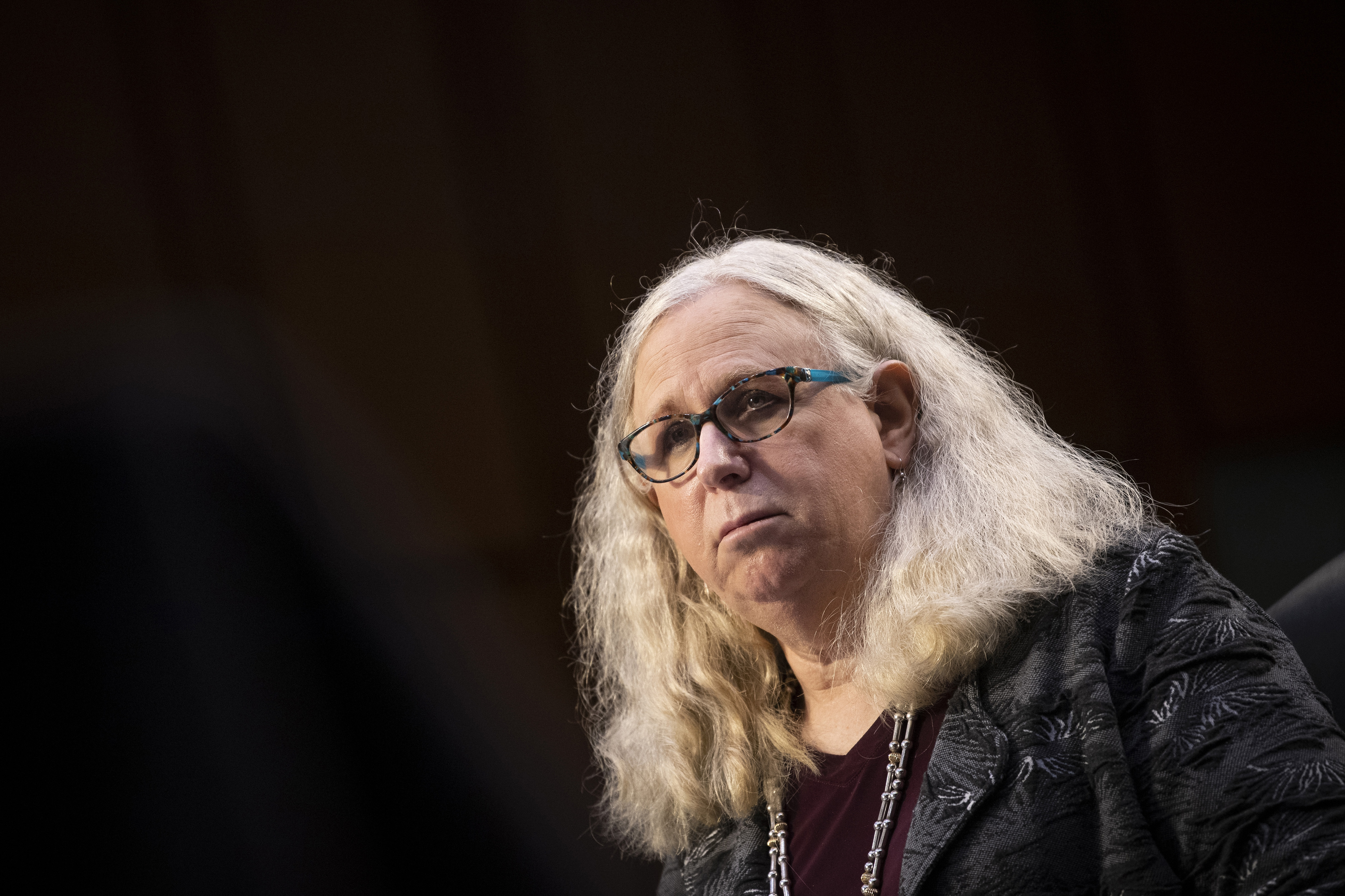 Rachel Levine, nominated to be an assistant secretary at the Department of Health and Human Services, testifies before the Senate Health, Education, Labor, and Pensions committee on Capitol Hill on Feb. 25, 2021. (Caroline Brehman / Associated Press)