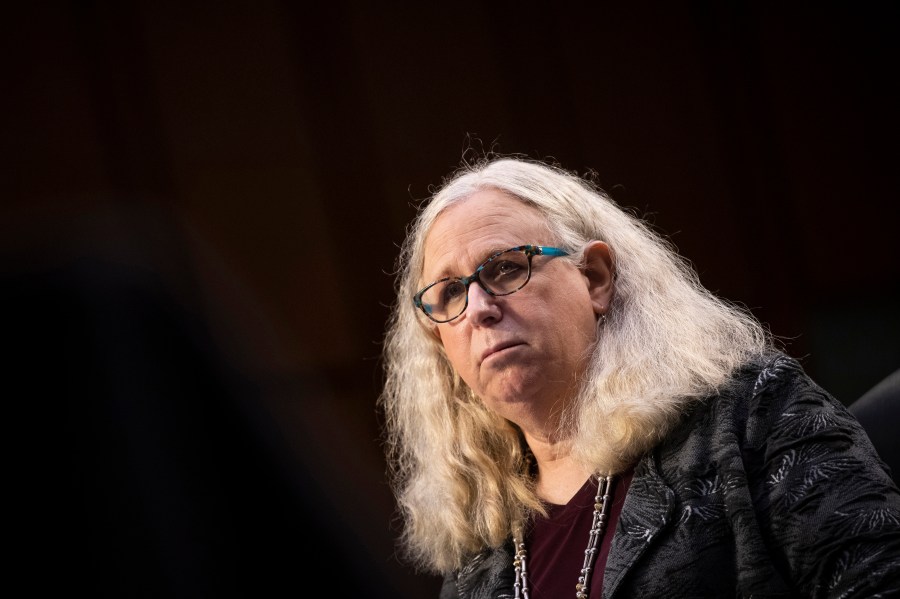 Rachel Levine, nominated to be an assistant secretary at the Department of Health and Human Services, testifies before the Senate Health, Education, Labor, and Pensions committee on Capitol Hill on Feb. 25, 2021. (Caroline Brehman / Associated Press)