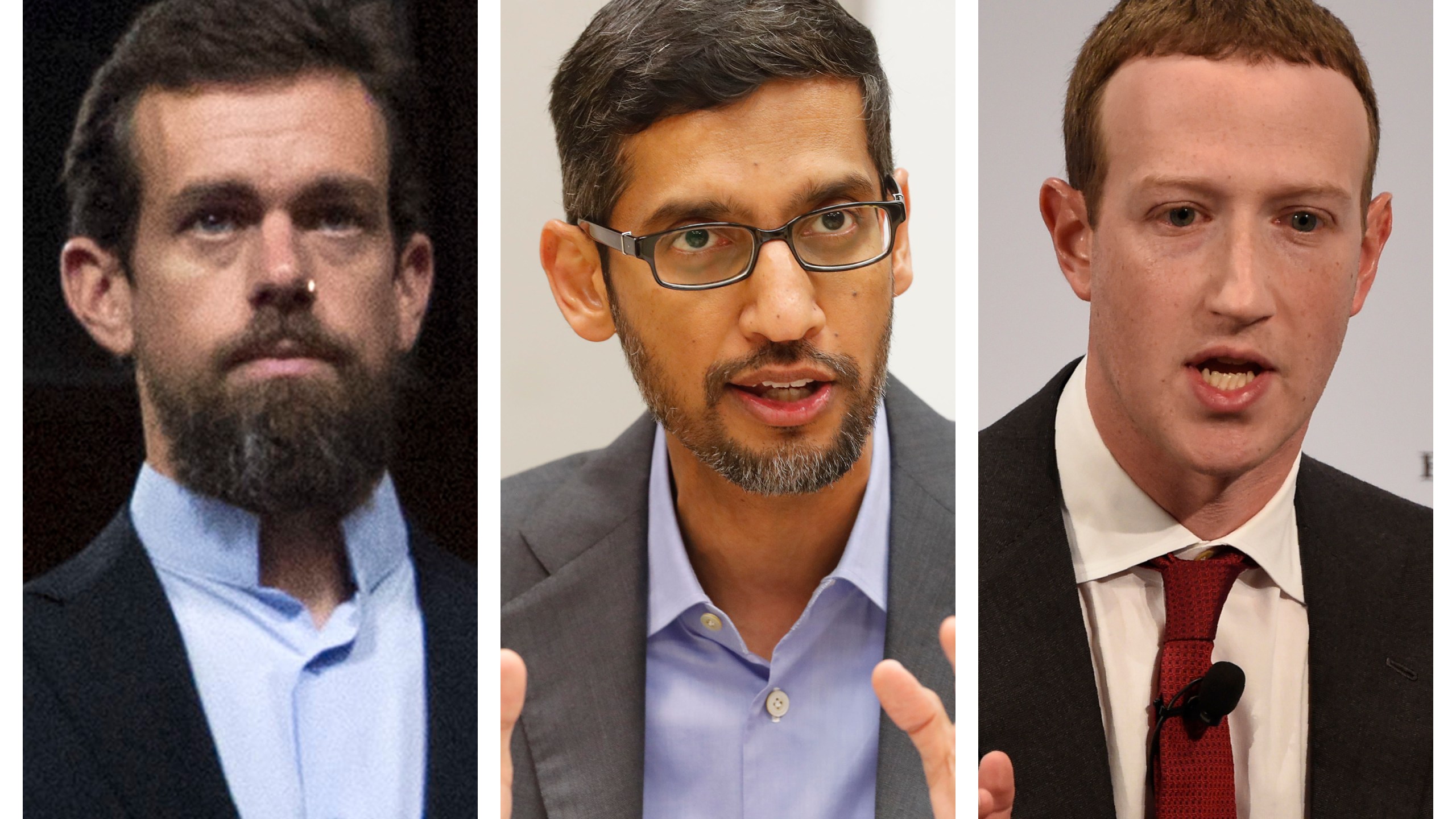 This combination of 2018-2020 photos shows, from left, Twitter CEO Jack Dorsey, Google CEO Sundar Pichai, and Facebook CEO Mark Zuckerberg. (AP Photo/Jose Luis Magana, LM Otero, Jens Meyer)