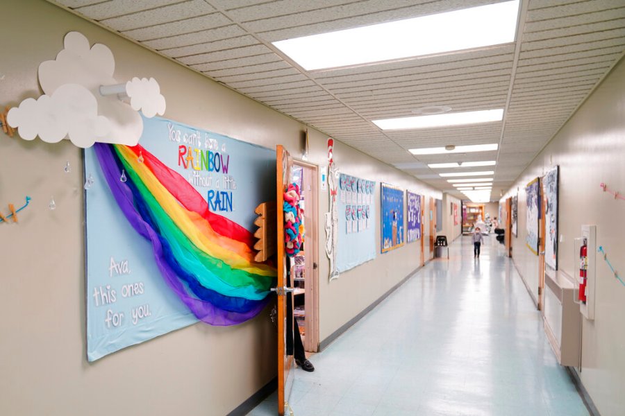 A memorial dedicated to former student Ava Lerario is posted in a hallway at Panther Valley Elementary School, Thursday, March 11, 2021, in Nesquehoning, Pa. (AP Photo/Matt Slocum)