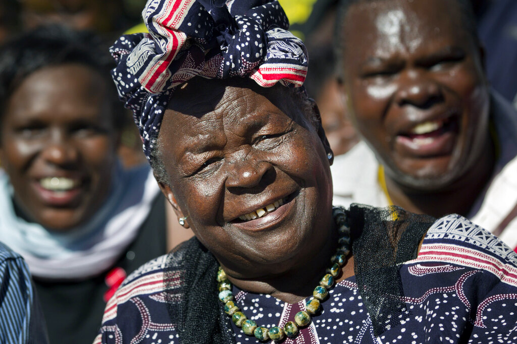 In this Wednesday, Nov. 7, 2012, file photo, Sarah Obama, step-grandmother of President Barack Obama, speaks to the media about her reaction to Obama's re-election, in the garden of her house in the village of Kogelo, western Kenya. (AP Photo/Ben Curtis, File)